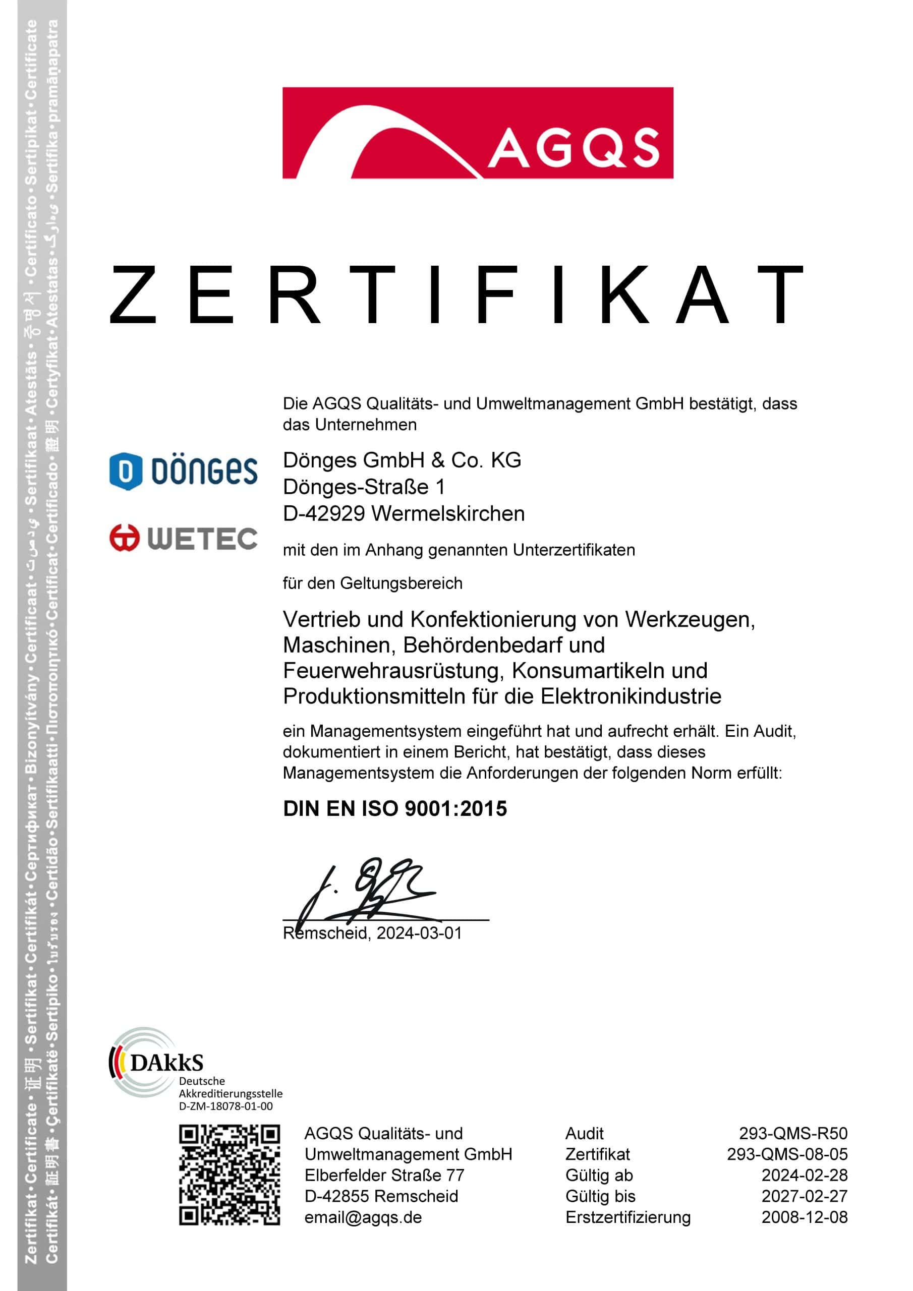 Zertifikat DIN EN 9001:2015